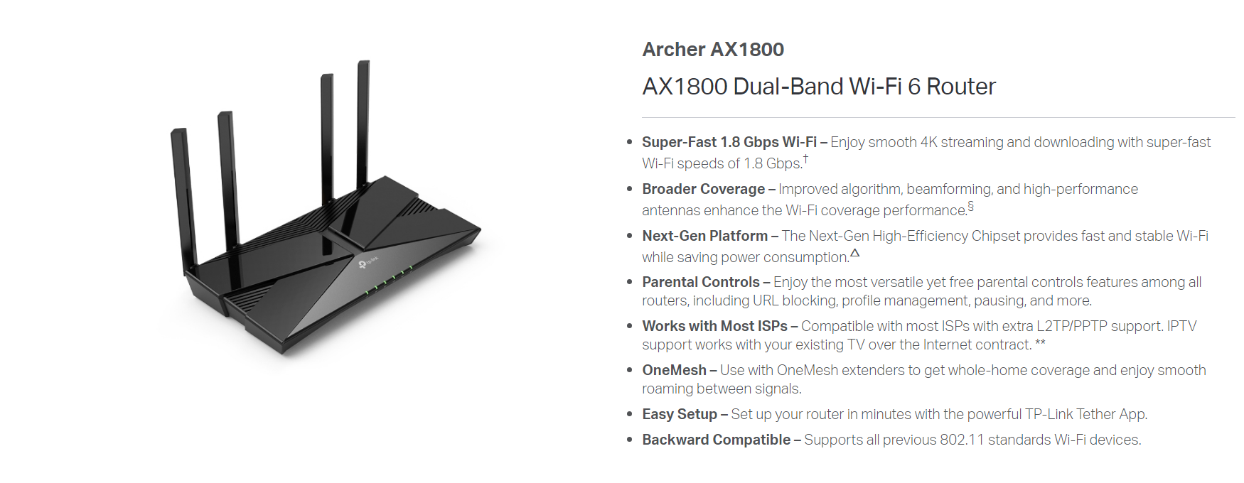 A large marketing image providing additional information about the product TP-Link Archer AX1800 - Dual Band Wi-Fi 6 Router - Additional alt info not provided